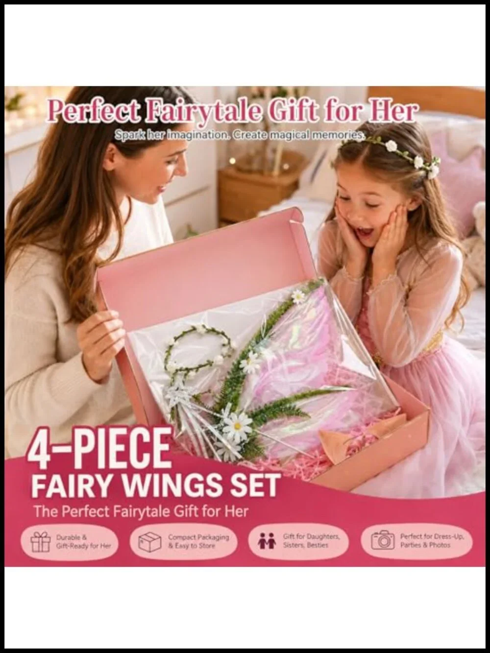 4PC Fairy Costume Set - Wings Elf Ears Flower Crown Wand Sparkly Organza